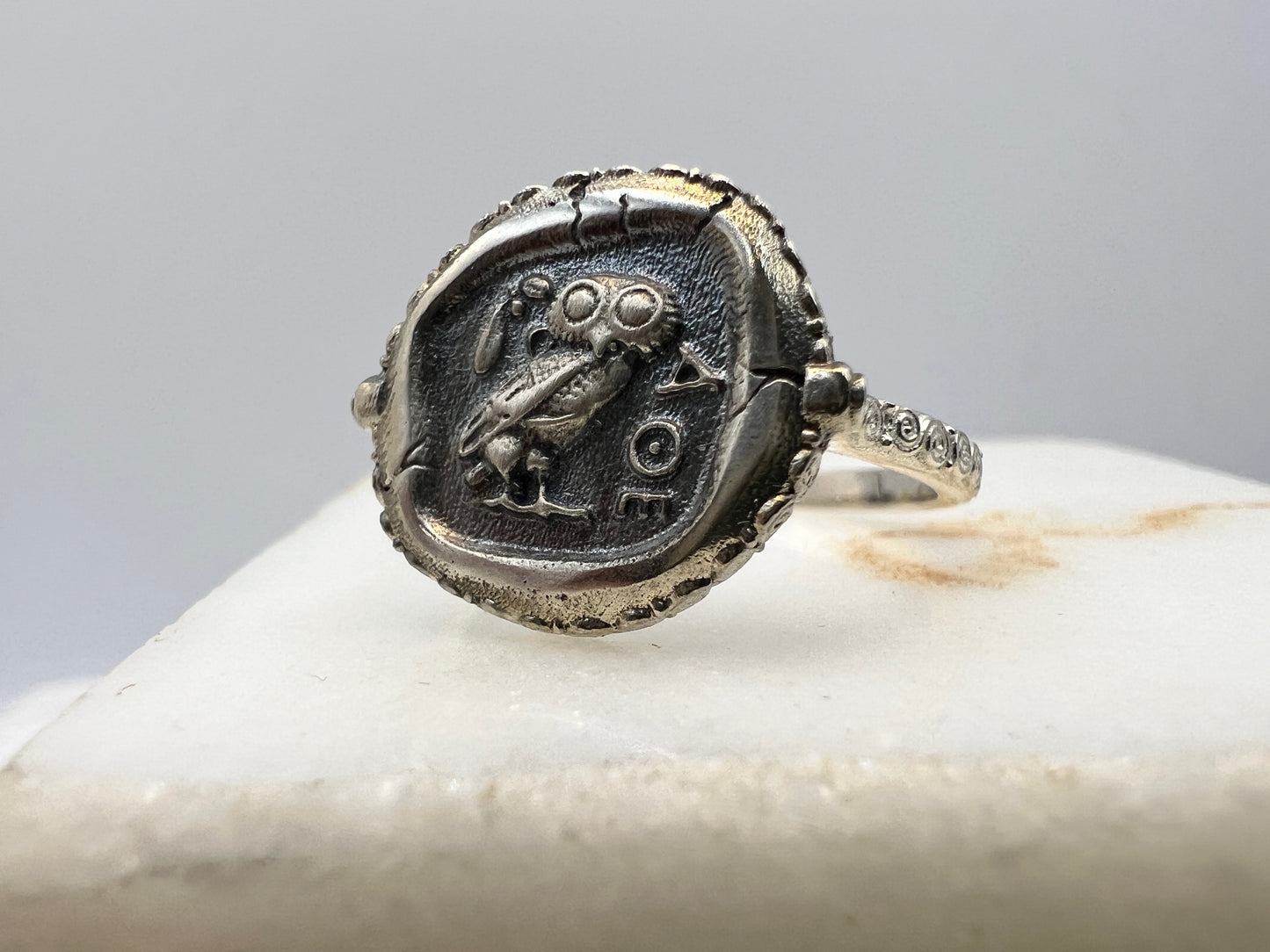 Antiker griechischer Münzring die Eule der Göttin Athena Nike Minerva Sterling Silber 925