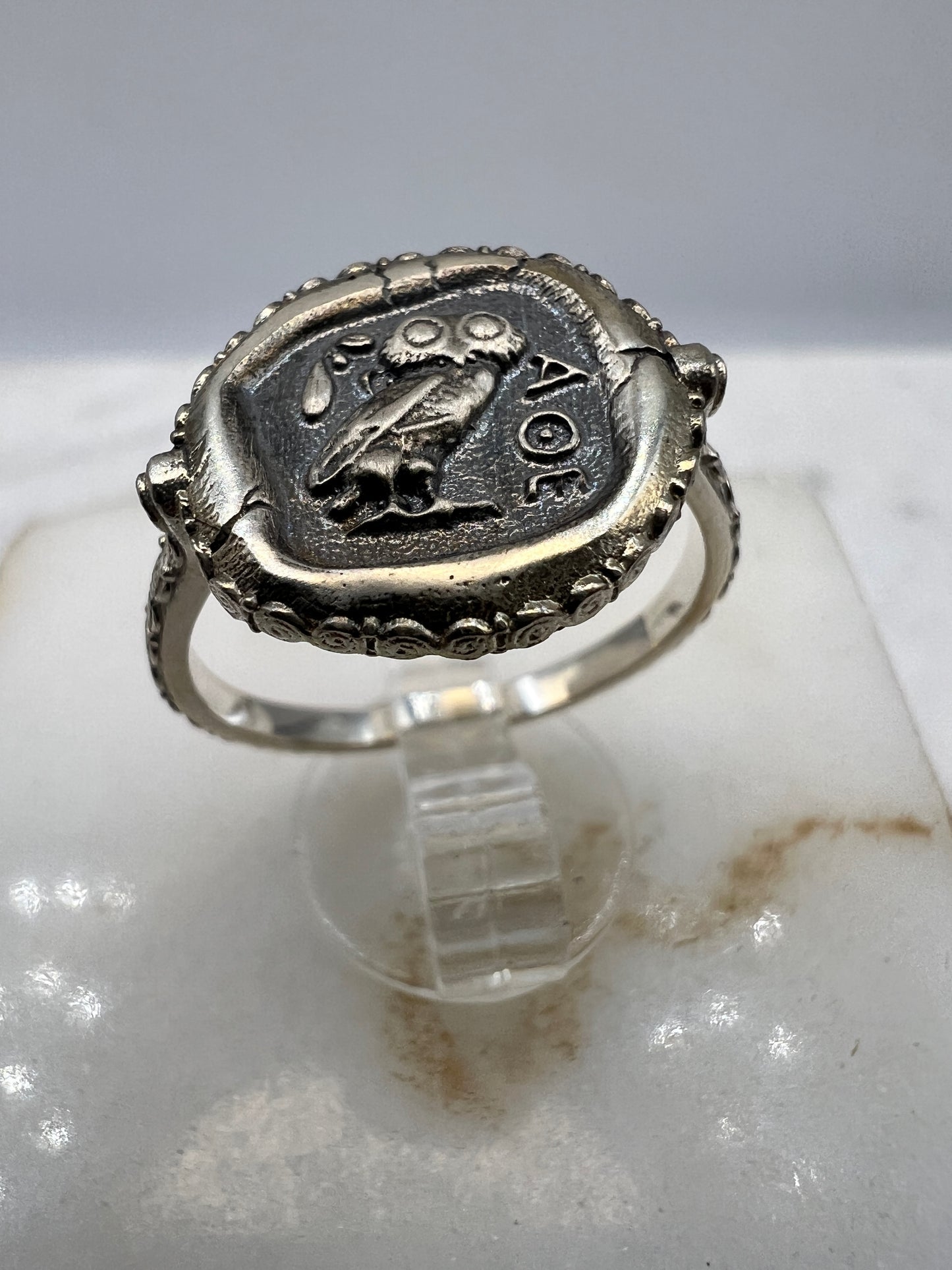 Antiker griechischer Münzring die Eule der Göttin Athena Nike Minerva Sterling Silber 925