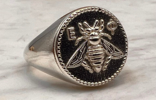 Ancient Greek Sacred Bee Goddess Artemis Medallion Coin silver bee ring, bumble bee, honey bee signet ring made of sterling silver