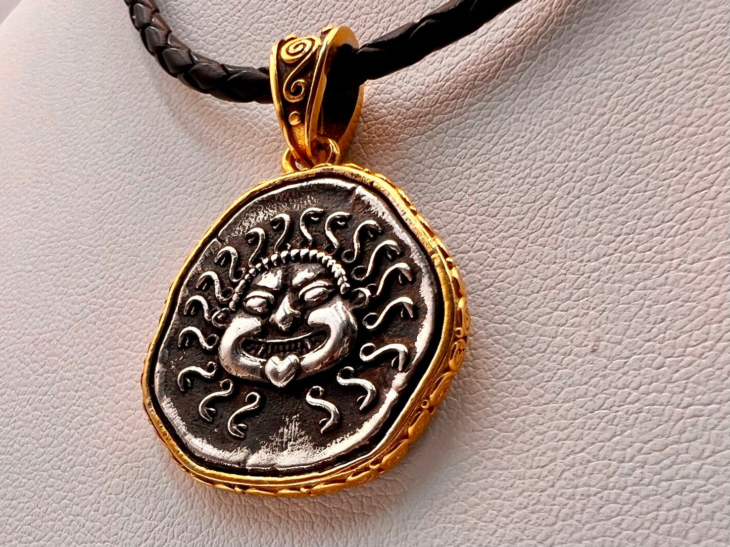 Medusa Gorgon Protective Coin Pendant Sterling Silver 925 with Gold Plating