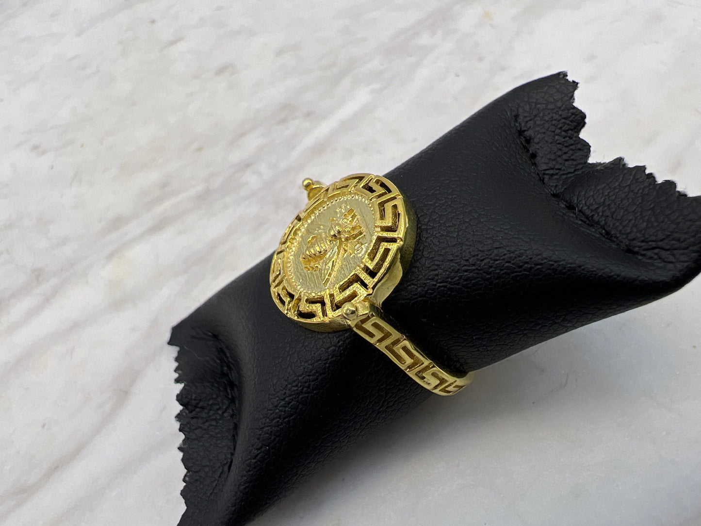 Artemis Goddess Ancient Greek Sacred Bee Greek key Meander Coin Ring