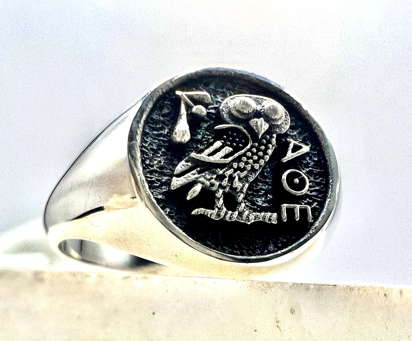 Athena owl Signet ring ancient Greek coin copy 925 Silver