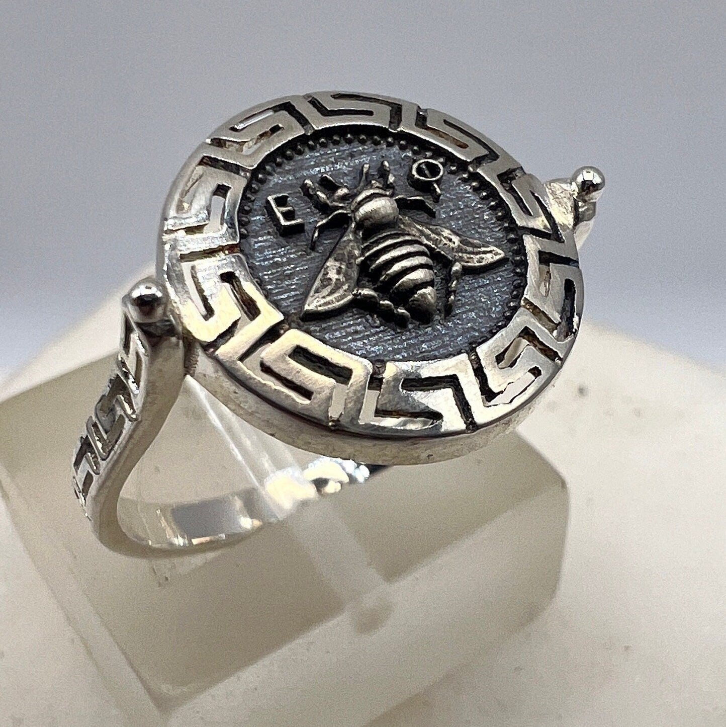 Artemis Bee Greek Key Signet Sterling Silver Ring