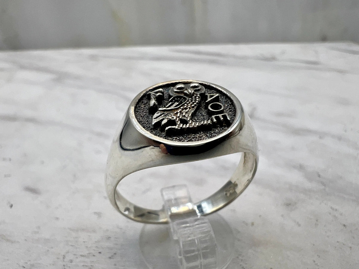 Sterling Silver Ring With Greek Owl Athena Coin – Reversible – Size 8 – Made In Greece