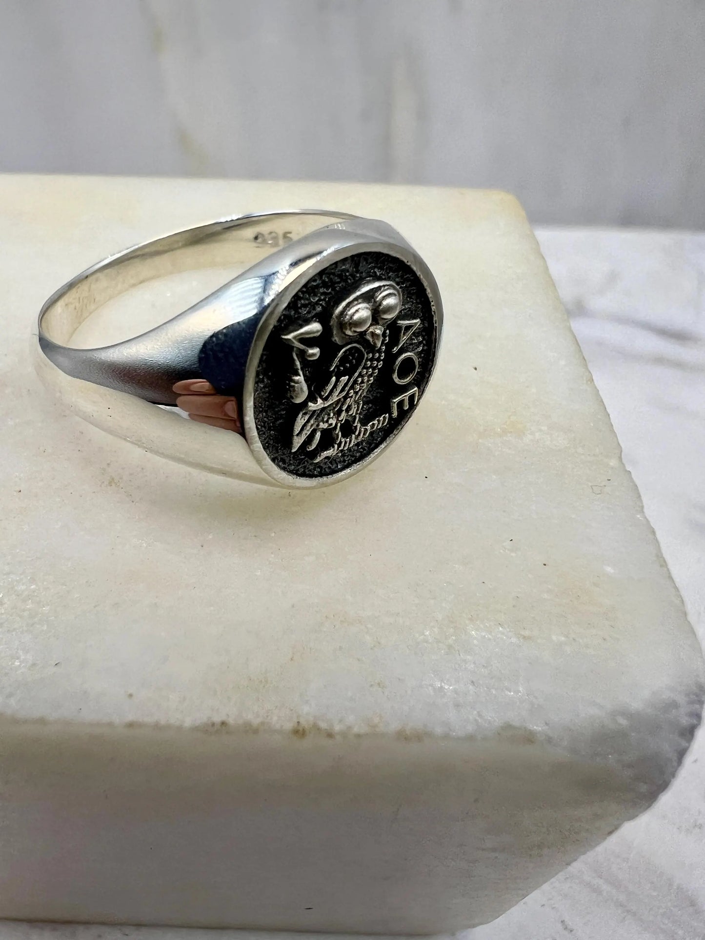 Athena owl Signet ring ancient Greek coin copy 925 Silver