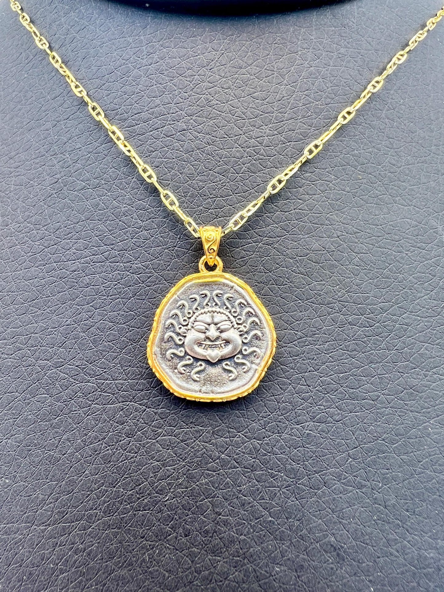 Medusa Gorgon Protective Coin Pendant Sterling Silver 925 with Gold Plating