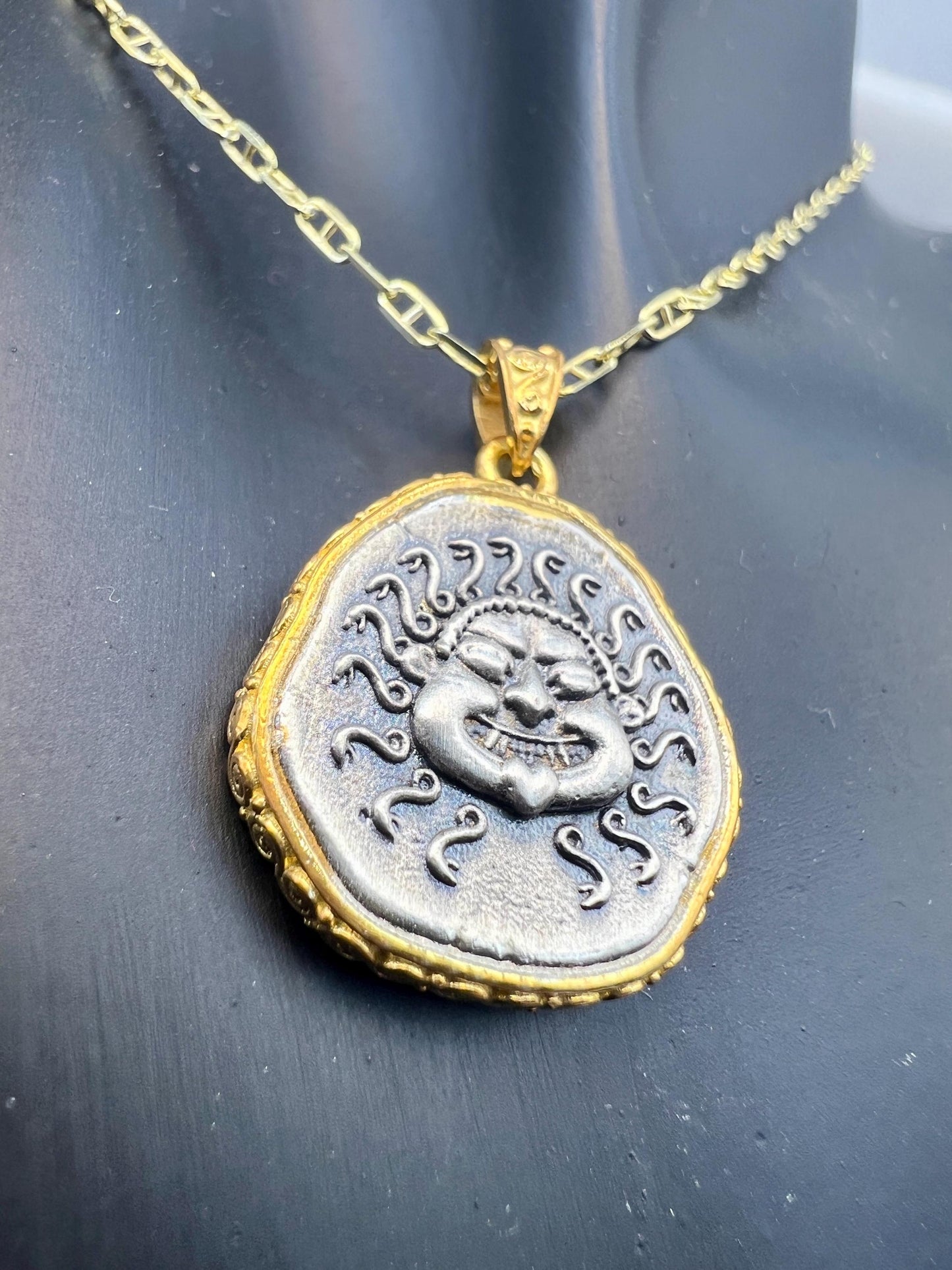 Medusa Gorgon Protective Coin Pendant Sterling Silver 925 with Gold Plating