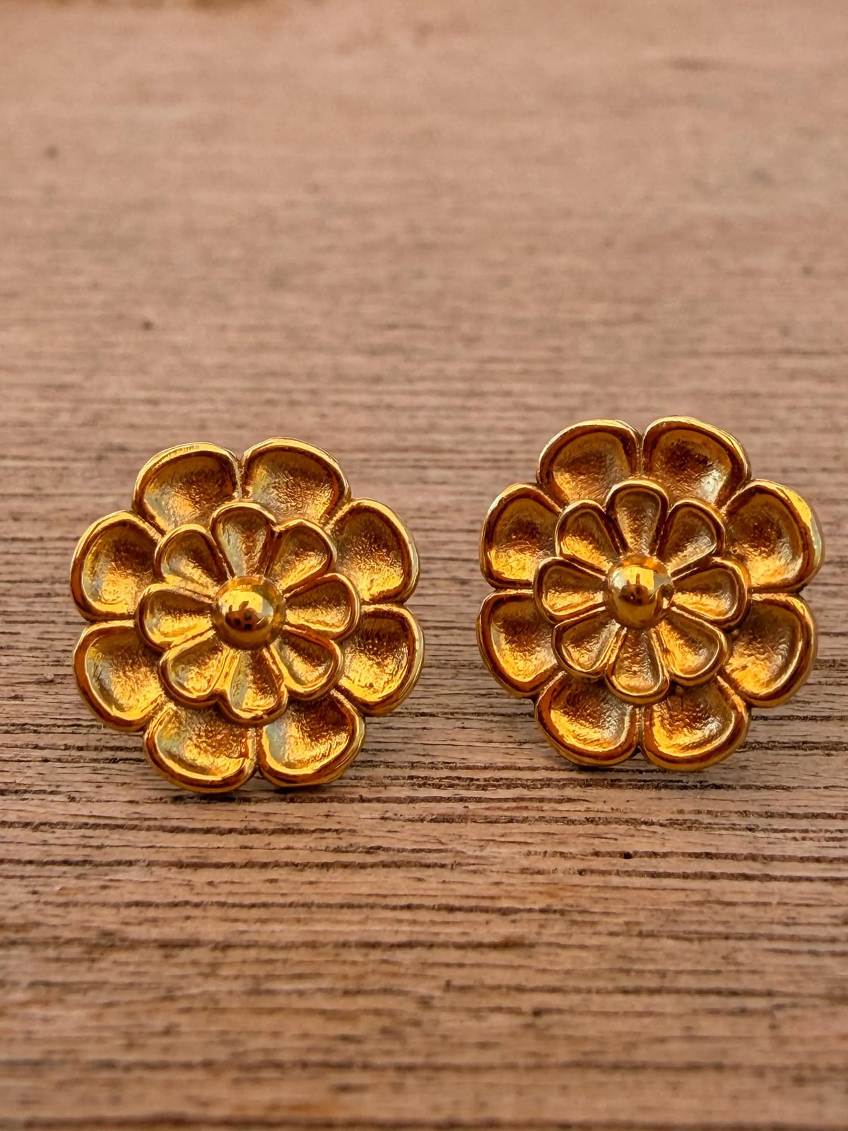 Hallmarked 925 Sterling Silver Gold Plated Rosette Stud Earrings, 3D Layered Floral Etruscan Design