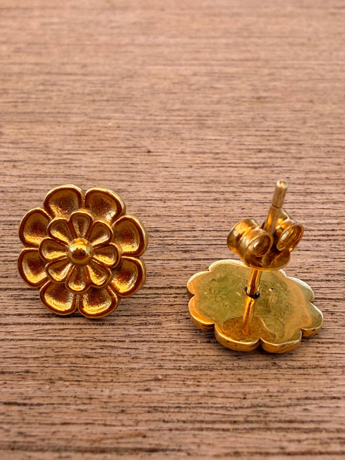 Hallmarked 925 Sterling Silver Gold Plated Rosette Stud Earrings, 3D Layered Floral Etruscan Design