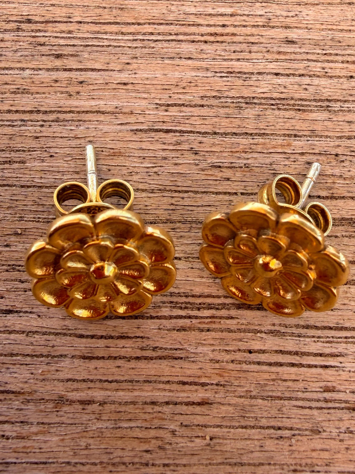 Hallmarked 925 Sterling Silver Gold Plated Rosette Stud Earrings, 3D Layered Floral Etruscan Design