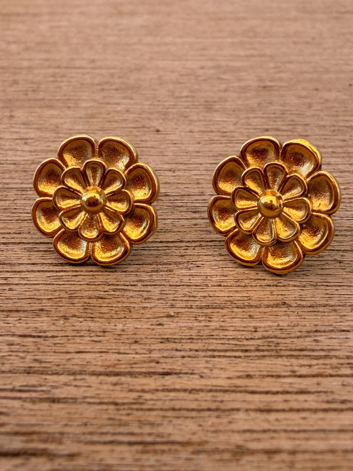 Hallmarked 925 Sterling Silver Gold Plated Rosette Stud Earrings, 3D Layered Floral Etruscan Design