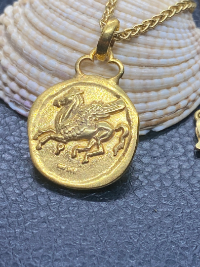 Pegasus Corinthian Stater ancient Greek coin pendant Athena and Pegasus in sterling silver 925 Gold plated