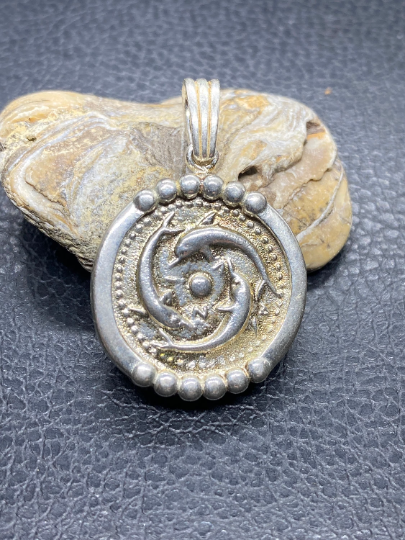 Santorini Delfine antike griechische Münze Schmuck handgefertigt Sterling Silber Anhänger Antike