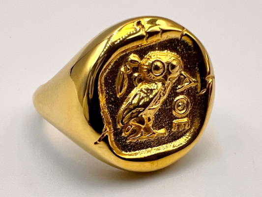 Owl of Athena Nike Goddess Minerva ancient coin copy Solid gold Signet Ring