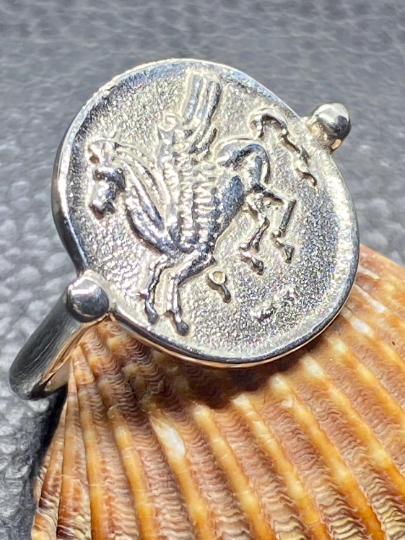 Pegasus Corinthian Stater Coin Ring Sterling Silver Symbolic of wisdom  fame poetry