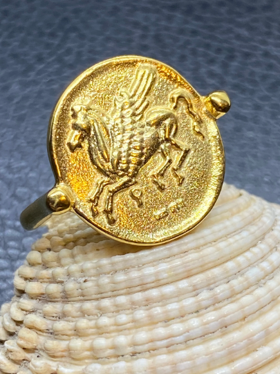 Pegasus Corinthian Stater Coin Ring Sterling Silver Symbolique de la sagesse renommée poésie Plaqué or