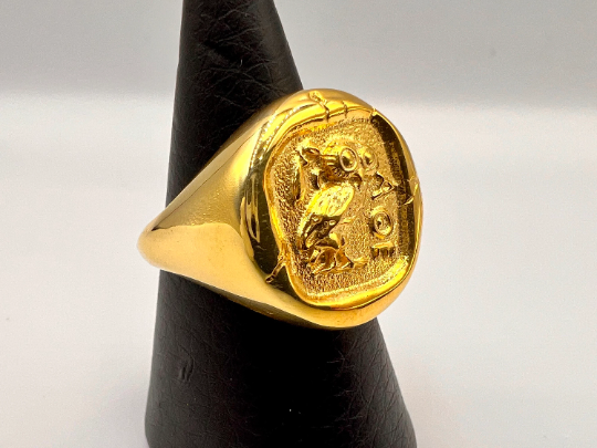 Owl of Athena Nike Goddess Minerva ancient coin copy Solid gold Signet Ring