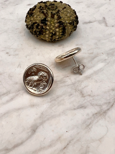 Owl of Goddess Athena Earrings sterling silver 13 mm