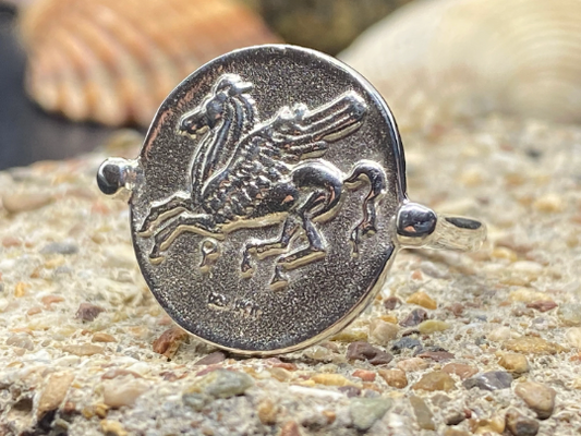 Pegasus Korinthischer Stater-Münzenring aus Sterlingsilber Symbolisch für Weisheit, Ruhm, Poesie