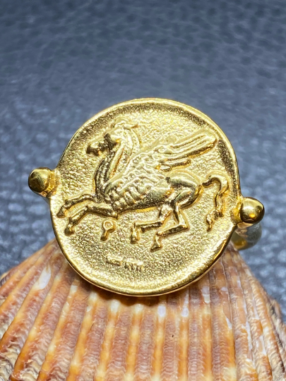 Pegasus Corinthian Stater Coin Ring Sterling Silver Symbolique de la sagesse renommée poésie Plaqué or
