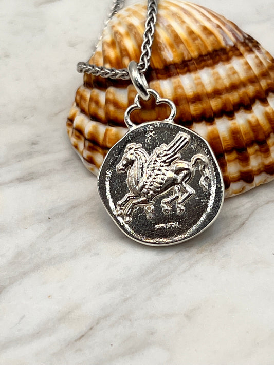 Pegasus Korinthischer Stater, antike griechische Münzanhänger Athene und Pegasus in Sterlingsilber 925